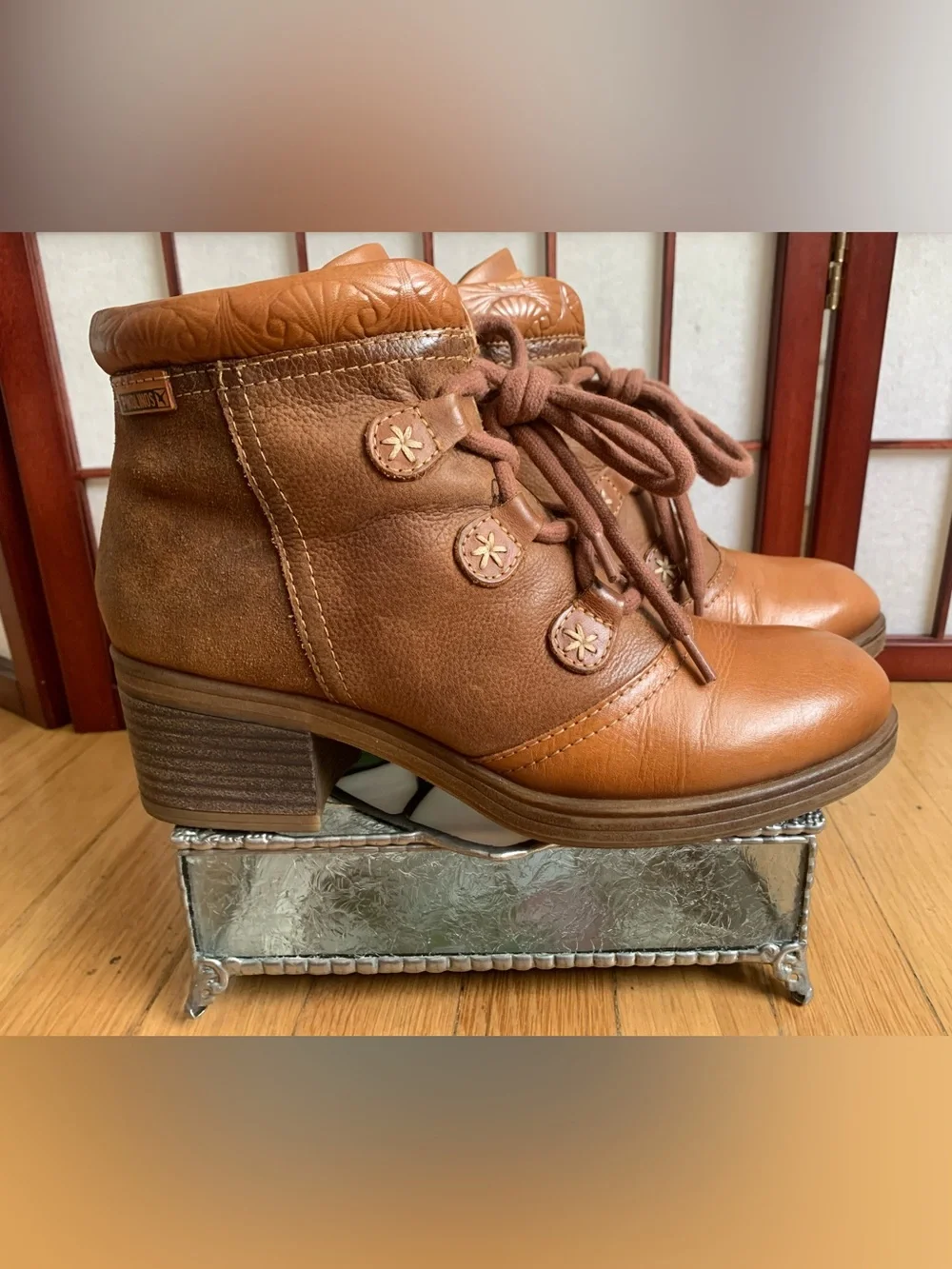 EUC PIKOLINO LYON Carmel/Brown Leather Lace-Up Side-Zip Ankle Boots Size 38/7.5